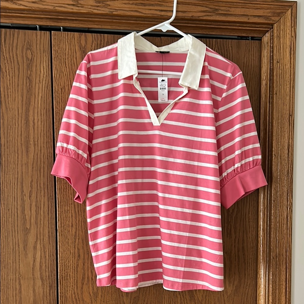 Talbots Pink and White Polo Top with Cuffed Sleeves